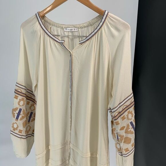 R VIVIMOS long tunic top blouse long sleeve embroidered boho beige white sz s - Picture 2 of 8